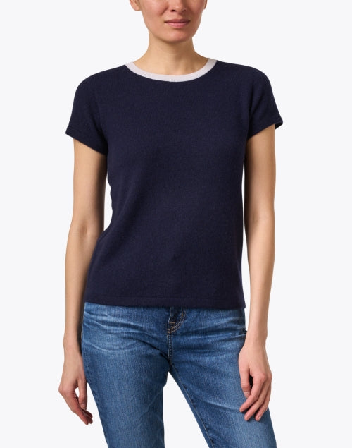 Navy Blue Cashmere Ringer Style Crew Neck Top for Spring and Summer