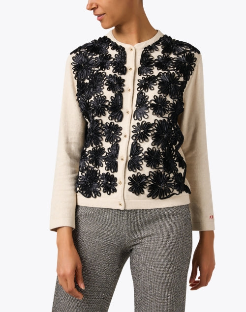 Charming Ivory and Black Floral Cashmere-Cotton Blend Cardigan