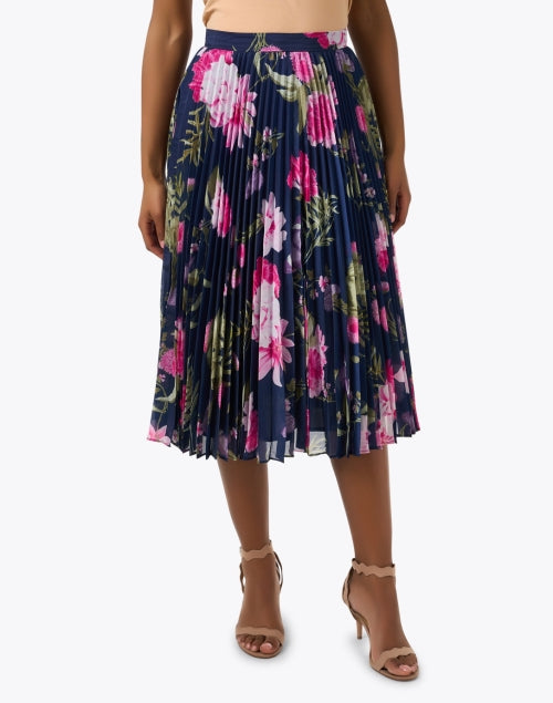 Navy Blue Floral Patterned Pleated Women's A-Line Skirt by Christy Lynn