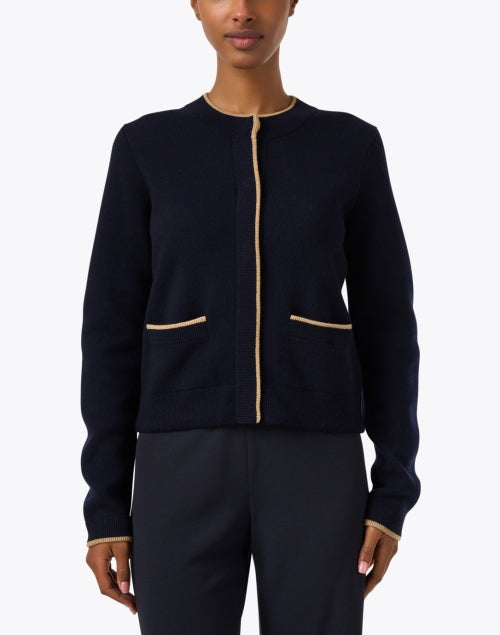 Stylish Navy Wool-Cashmere Blend Cardigan with Contrast Trim