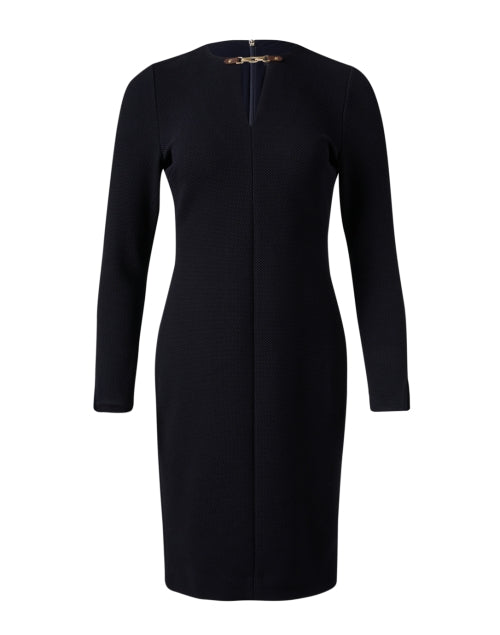 Stylish Navy Blue Cotton Blend Sheath Mini Dress with Gold Chain Neckline