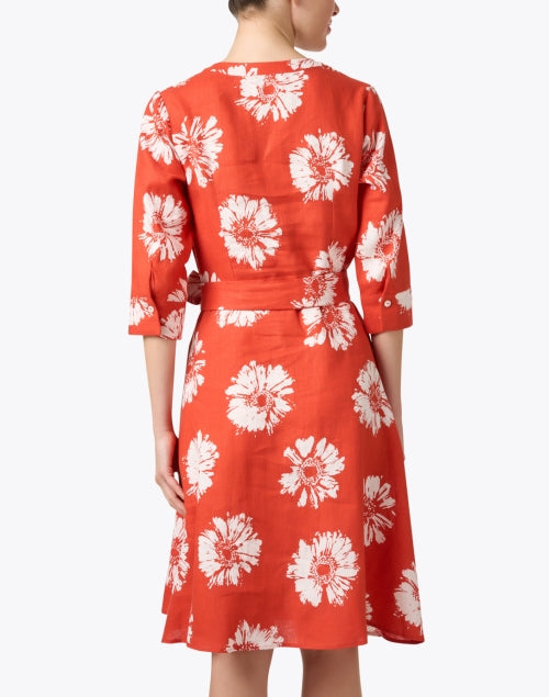 Stylish 100% Linen Orange Floral Dress with Self - Tie Belt
