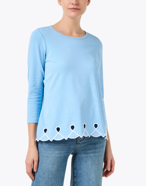 Stylish Blue Pima Cotton Embroidered Knit Crew Neck Top