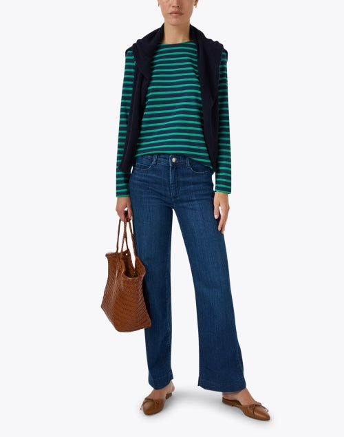 Luxurious Navy and Green Striped Airy Cotton Minquidame Top