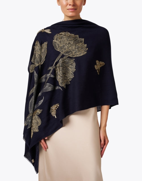 Exquisite Hand-embroidered Navy Merino Wool Scarf from India