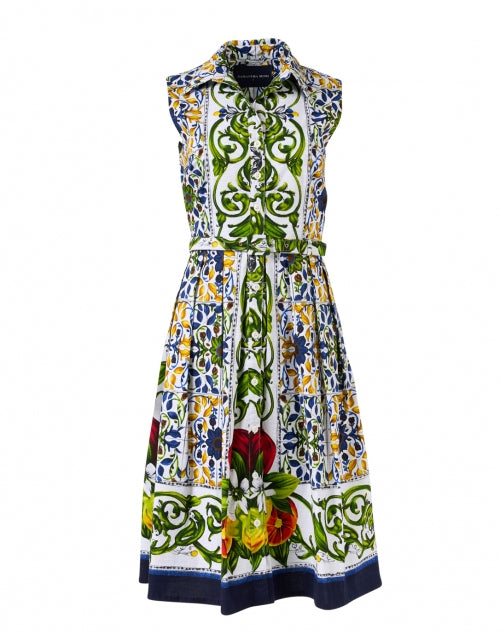 Stretch Cotton Audrey Indigo Tile Pattern Print Women's Dress