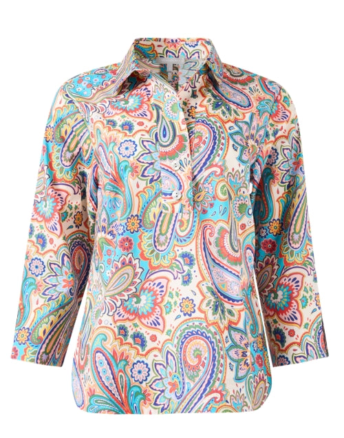 Aileen Multicolored Paisley Cotton Henley Top with Decorative Back Buttons