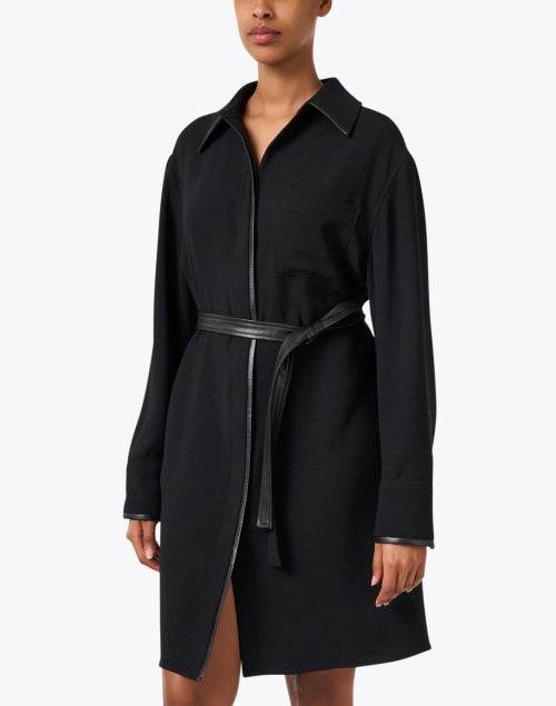 Black Faux Leather Trimmed Sophisticated Shirt Style Dress