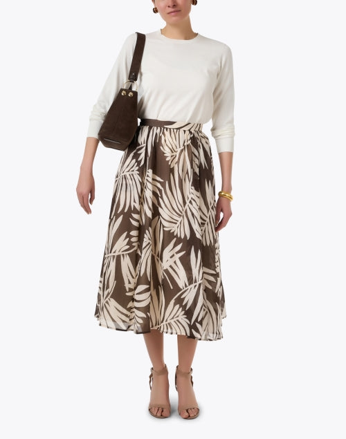 Stylish Brown Palm Leaf Print Midi Skirt for Fashionable Women