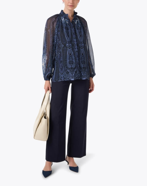 Navy Blue Stretchable Wide-Leg Pull-On Women's Trousers