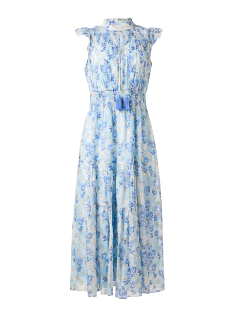 Stunning Blue Floral Lurex-Print Women's Summer Dress