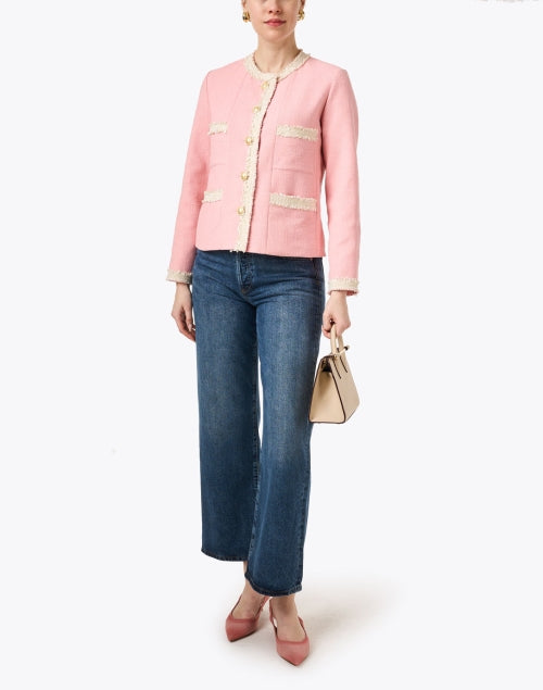 Stylish Adelaide Pink and Cream Tweed Trim Jacket with Gold Buttons