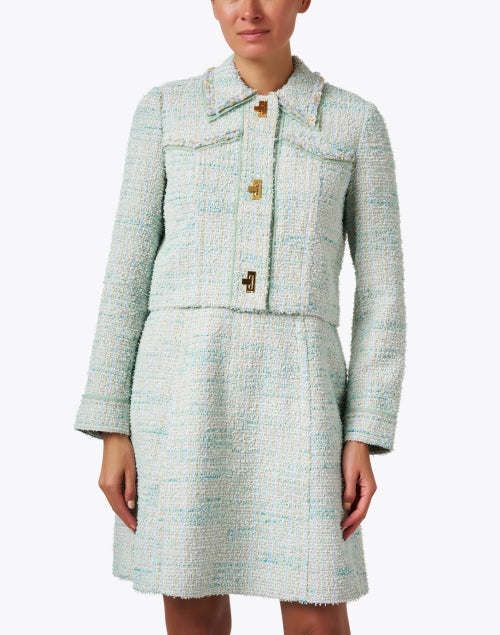 Stylish Mint Green Tweed Cropped Jacket with Gold Buttons