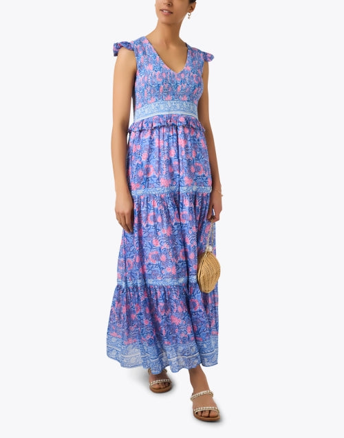 Stylish Carly Blue and Pink Floral Patterned Cotton-Silk Blend Women's Dress