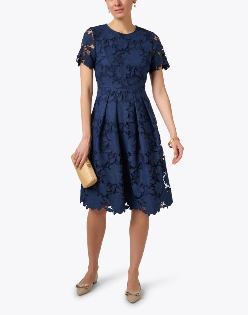 Stylish Navy Cotton Lace Fit-and-Flare Dress for New Season
