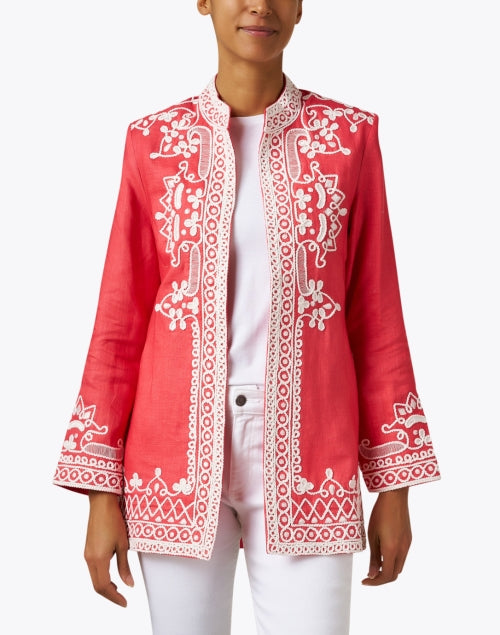 Stunning Hand - Embroidered Coral Linen Ceci Open - Front Jacket