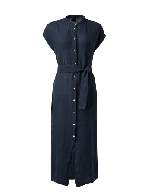 Stylish Navy Linen Midi Shirt Dress for Warm Weather