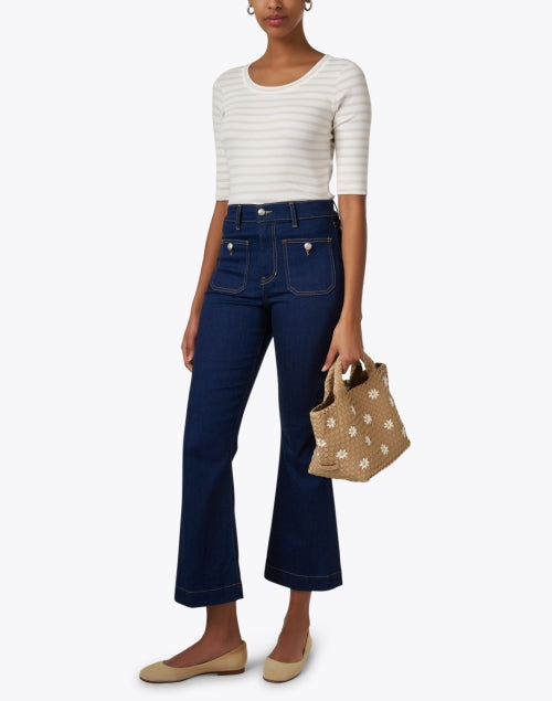 Marc Cain's Everyday Beige and White Striped Slim-Fit Round Neck Top