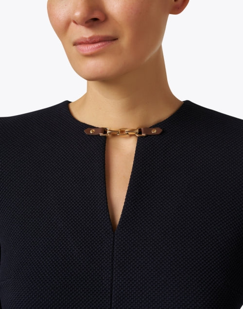 Stylish Navy Blue Cotton Blend Sheath Mini Dress with Gold Chain Neckline