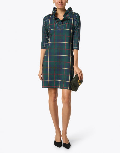 Stylish Green Checkered Ruffle Neck Women's Dress for Fashionable Outfits