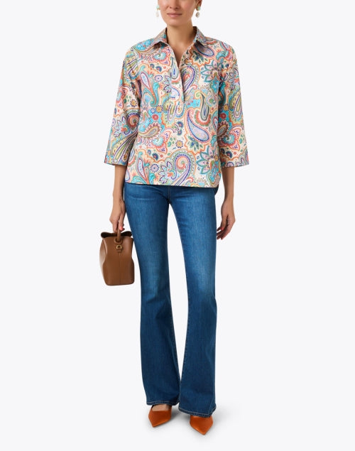 Aileen Multicolored Paisley Cotton Henley Top with Decorative Back Buttons