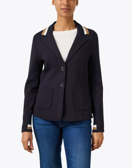 Navy Blue Knitted Collar Classic Blazer for Stylish Outfits