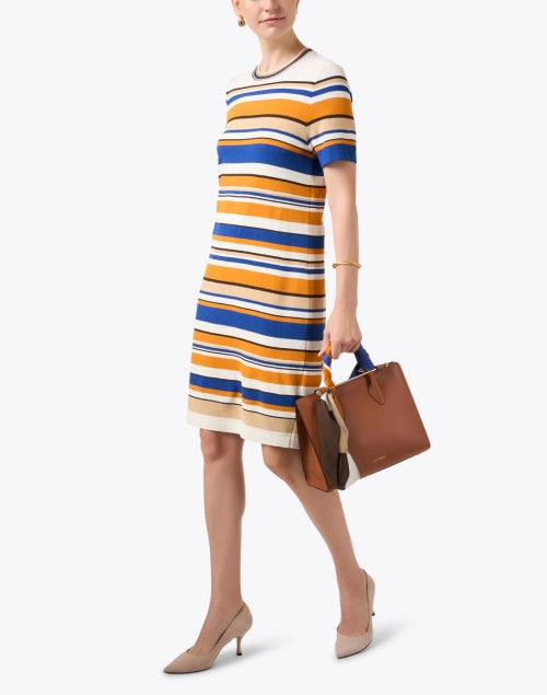Stylish Blue and Orange Striped Shift Dress for a Feminine Look