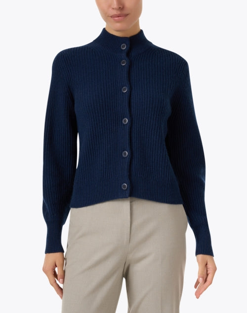 Stylish Navy 100% Cashmere Balloon - Sleeved Cardigan with Stand Collar