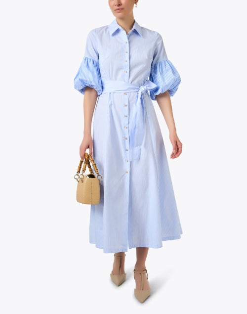 Elegant Blue and White Striped Women's Shirt Midi Dress