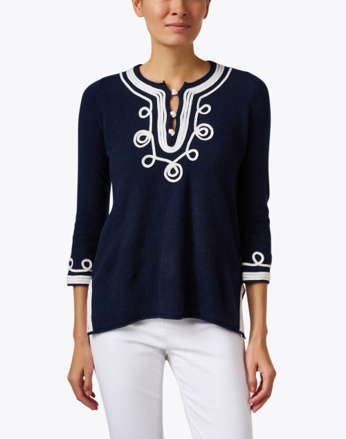 Stylish Navy Cashmere Calipso Top with Intricate White Embroidery