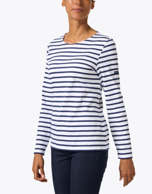 Minquidame Luxury Cotton Top with Classic White and Navy Stripes for Casual Wear