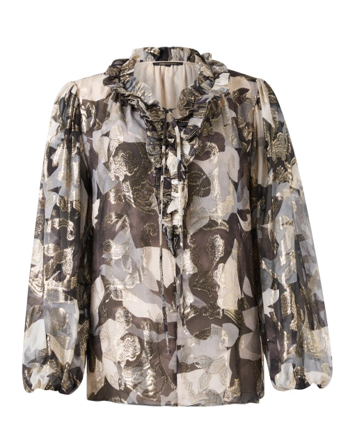 Boden Silk Blend Multi Print Blouse with Tie and Ruffle Details