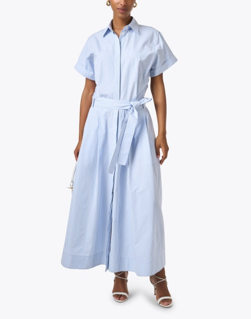 Stylish Blue Striped Cotton A-Line Shirt Dress with Self-Tie Belt