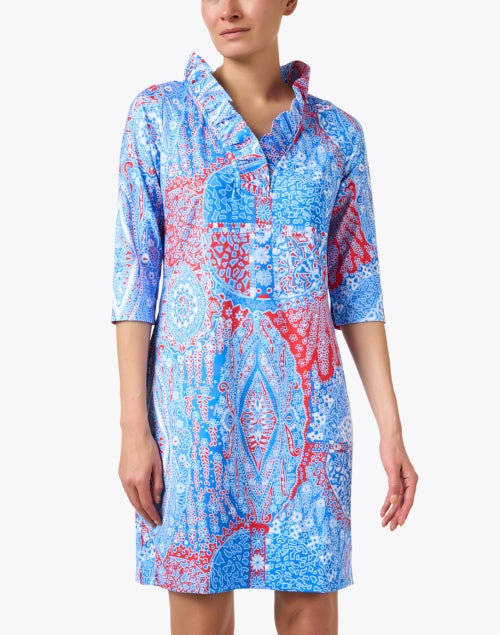 Stylish Blue Multi Paisley Patterned Ruffle Neck Women's Dress