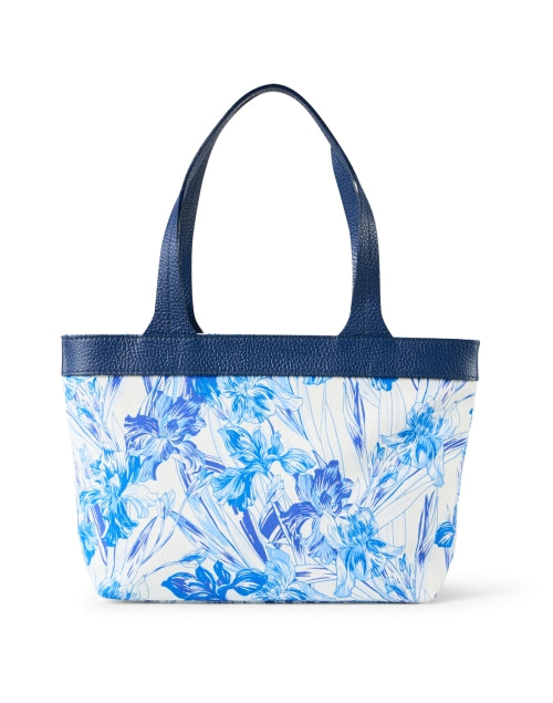 Stylish Blue Floral Print Shoulder Bag with Navy Leather Handles