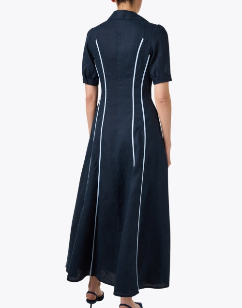 Stylish Light Blue Piped 100% Linen Maxi A-Line Navy Shirt Dress