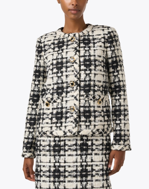 Stylish Black and White Plaid Luxury Tweed Jacket with Gold Buttons