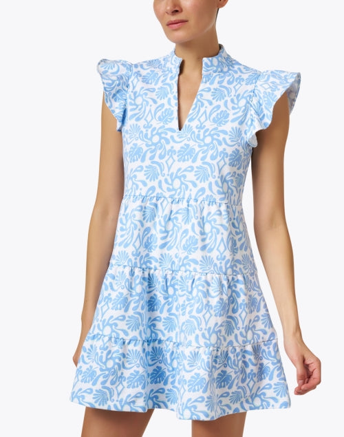 Stylish Blue Floral Print Mini Tiered Tunic Dress with Flutter Sleeves
