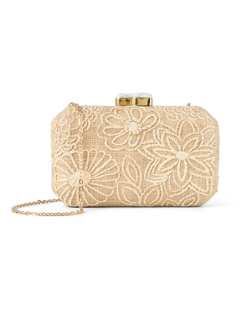 Tan Cream Blossom Embroidered Woven Clutch by Pamela Munson