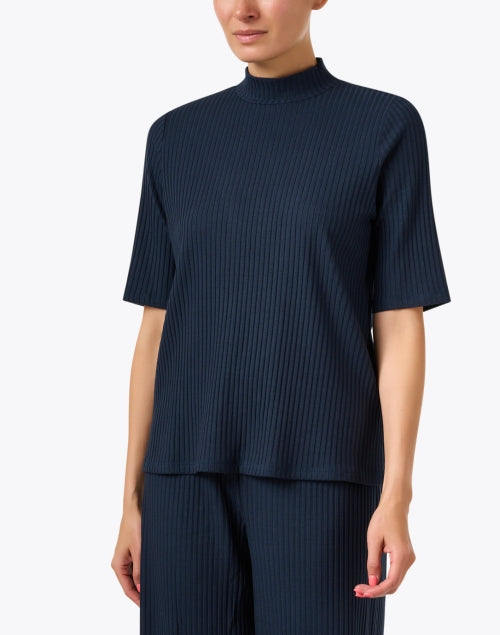 Eileen Fisher's Deep Blue Lightweight Ribbed Mock Neck Top