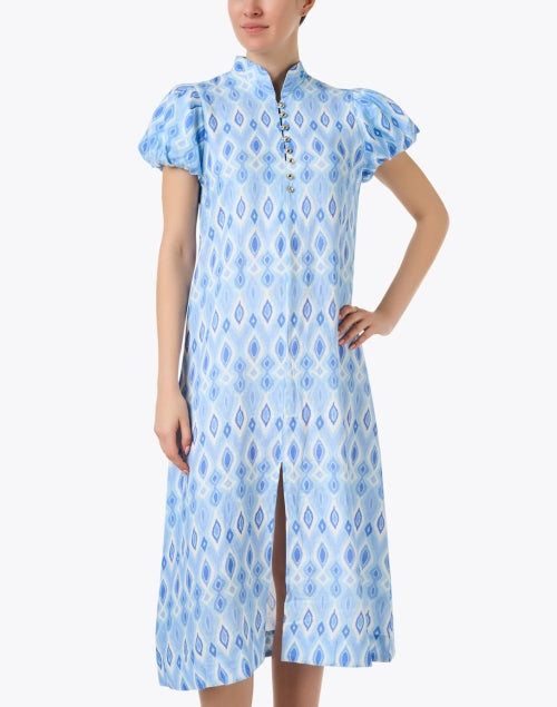 Blue Ikat Patterned Midi Sheath Dress for Warm Weather