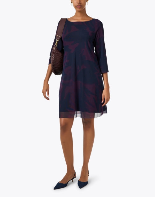 Stylish Navy Multi - Print Shift Dress with Sheer Hem