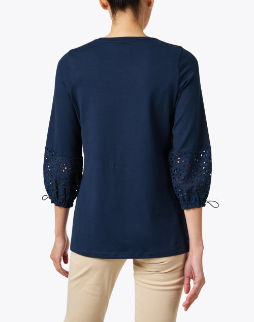 Navy Stretch Pima Cotton Top with Eyelet Cuff Detailing on 3/4 Sleeves