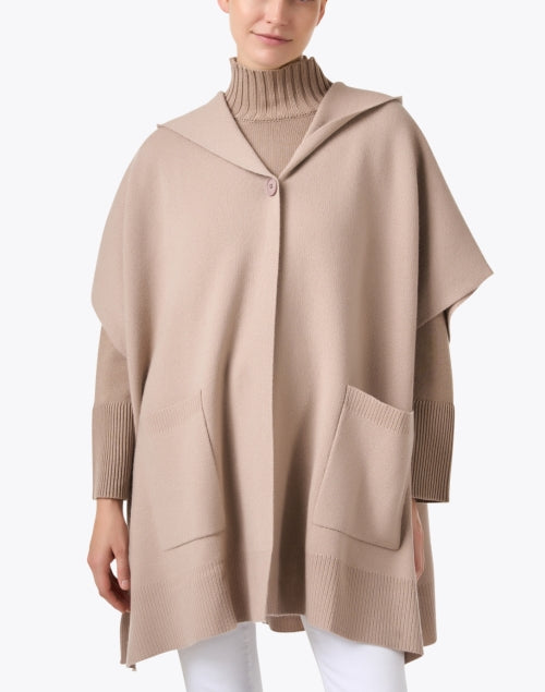 Stylish Taupe Wool-Cashmere Blend Knit Poncho for All Seasons