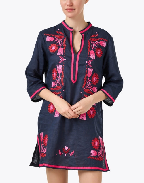 Navy Blue and Rose Pink Embroidered Women's Linen Summer Dress
