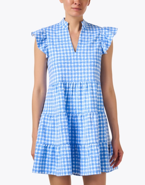 Sail to Sable's Stylish Blue Gingham Mini Tiered Flutter - Sleeve Dress