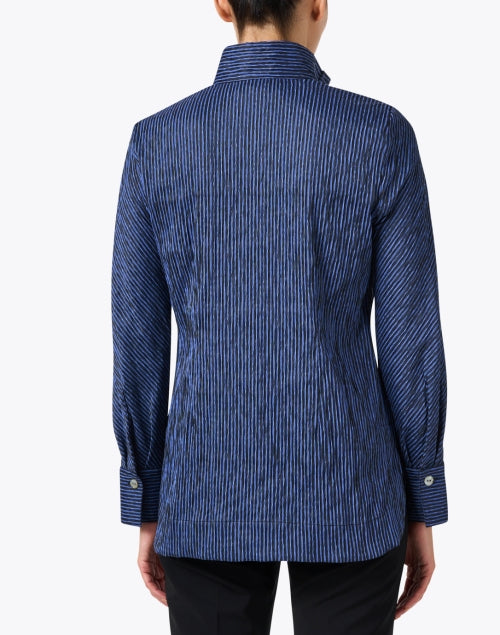 Stylish Blue and Black Striped Knit Stretch Cotton Blend Shirt Top