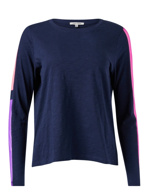 Navy-Colored 100% Cotton Mesh Striped Casual Top