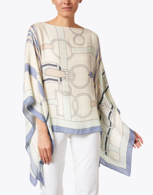 Italian-Made Firenze Blue Silk Cashmere Poncho with Saddle Print