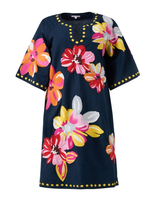 Alluring Navy Floral - Printed Cotton - Linen Mini Kaftan by Frances Valentine